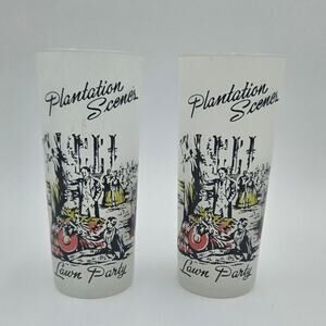Vintage Libbey Plantation Scenes Frosted Glass Tumblers Set of 2 EUC